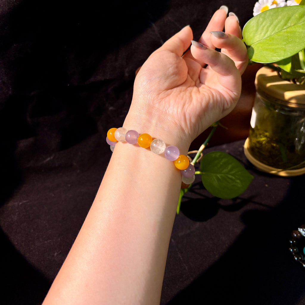 10mm Natural Yellow Agate, Green Fluorite & Purple Chalcedony Bracelet