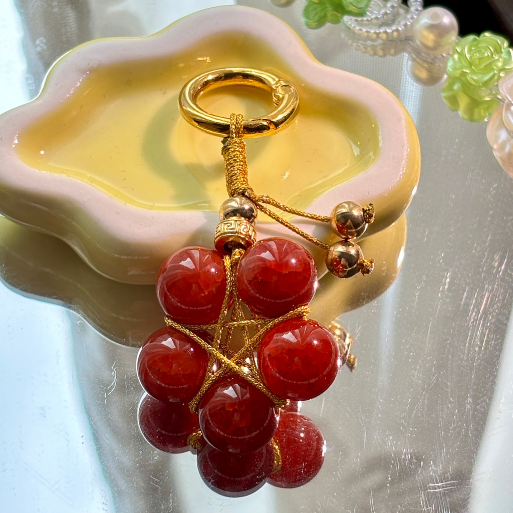 Natural Red Agate Dragon Scale Keychain with Gold-Plated Copper Beads