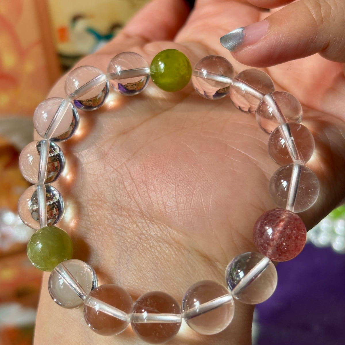Natural Clear Quartz Bracelet with Xiuyan Jade & Strawberry Quartz | 10mm Gemstone Beads
