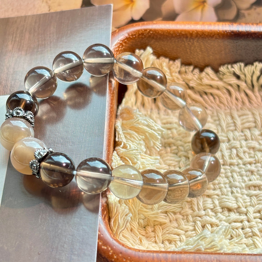 White & Black Smoky Quartz Bracelet with Cream Moonstone | 10mm Natural Gemstone Beads