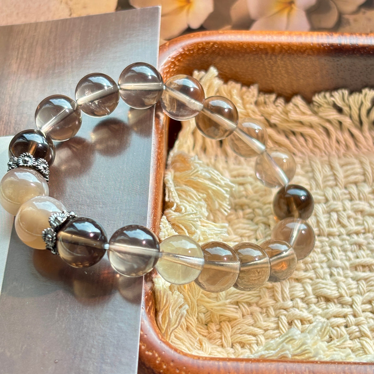 White & Black Smoky Quartz Bracelet with Cream Moonstone | 10mm Natural Gemstone Beads