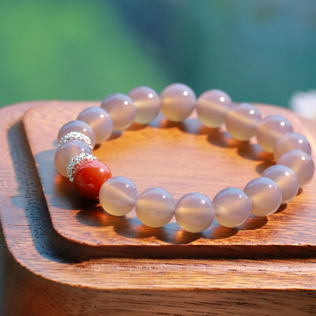 Natural Gray Agate Bracelet with Red Agate Accent, 10mm Gemstone Beads