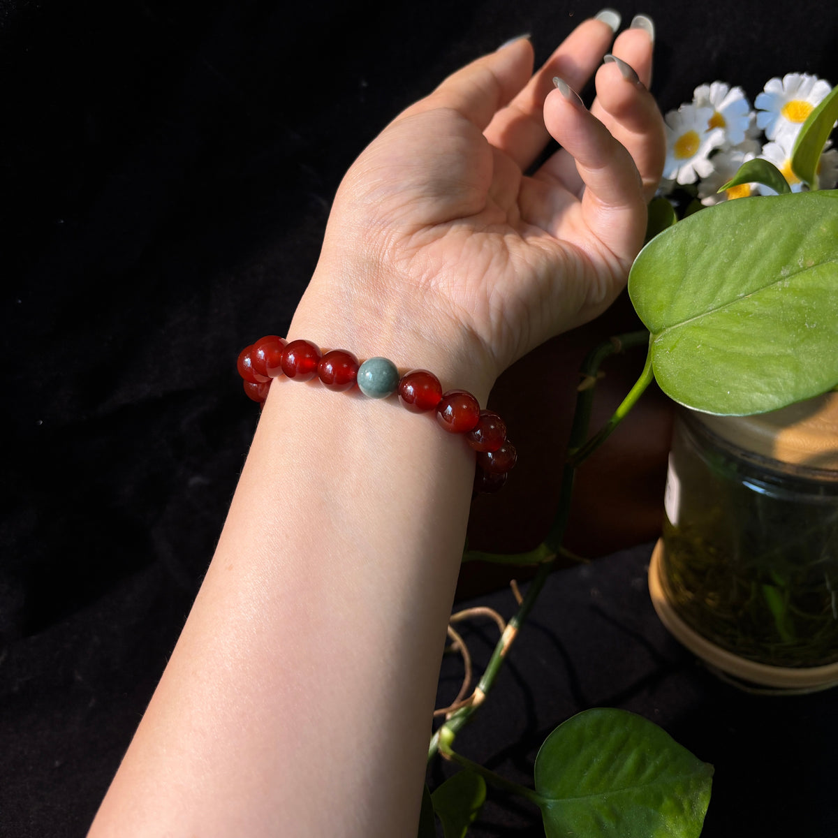 10mm Red Agate & Green Jade Bracelet – Handmade Natural Gemstone Stretch Bracelet