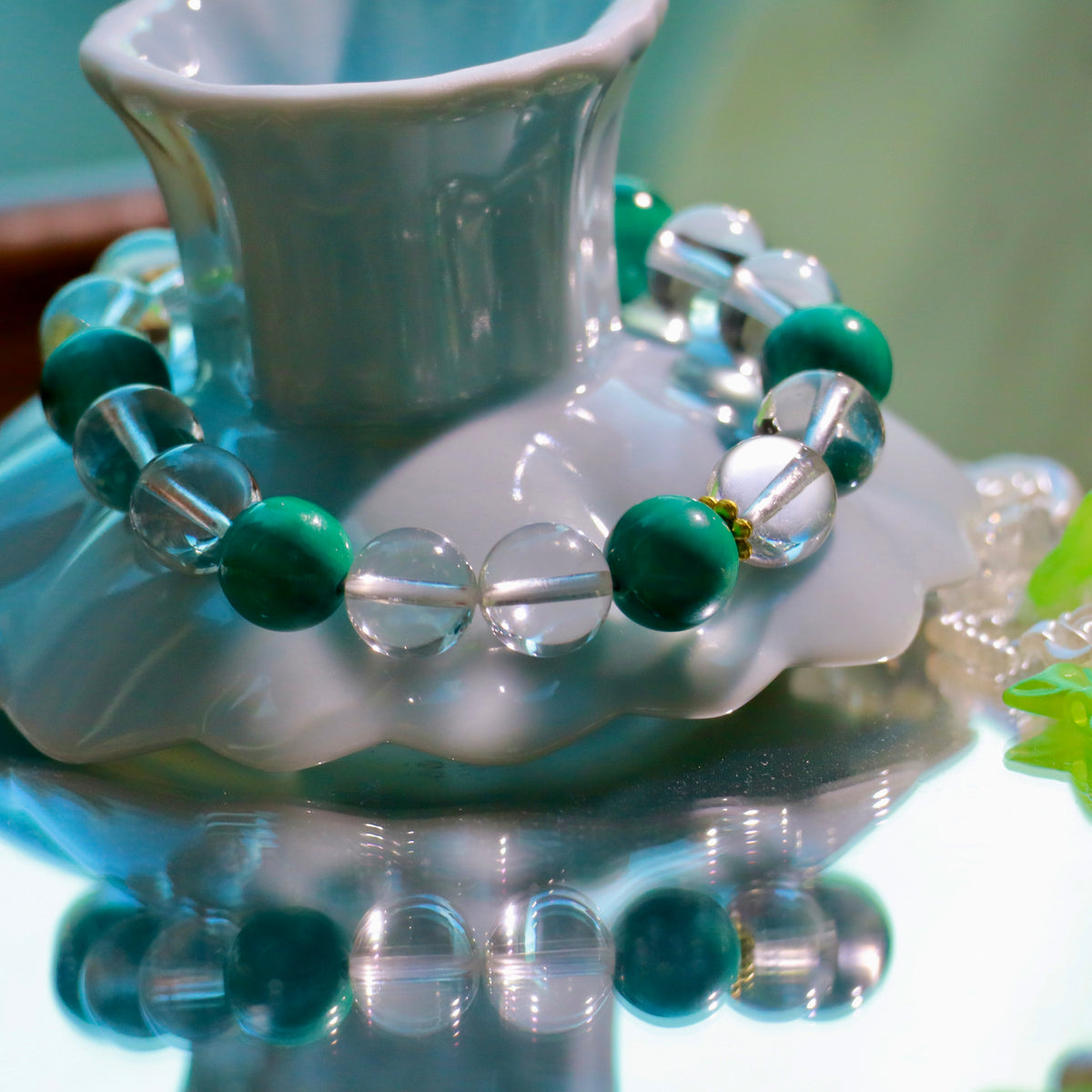 Natural Malachite & Clear Quartz Bracelet | 10mm Gemstone Beads
