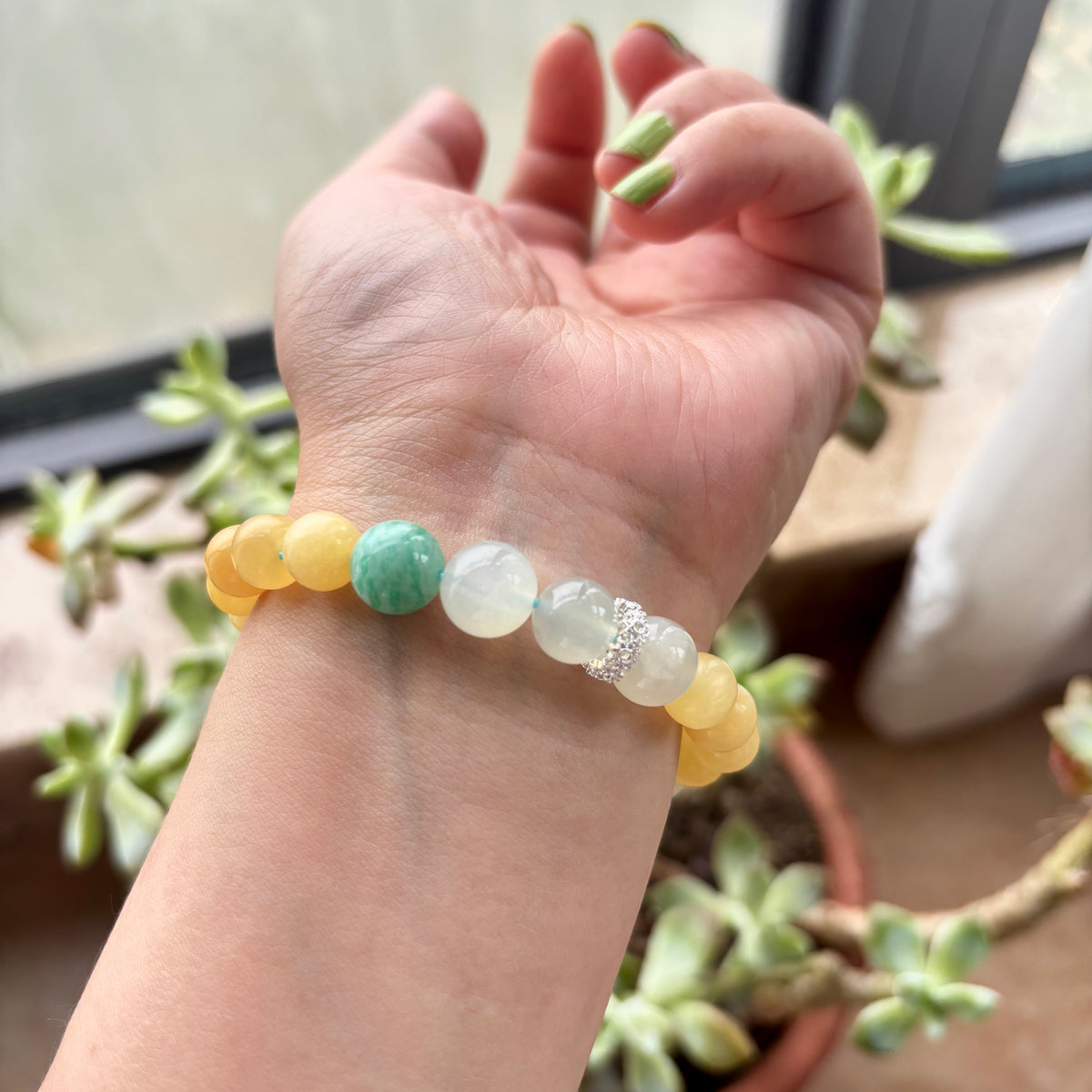 Natural Moonstone, Yellow Jade & Amazonite Gemstone Bracelet