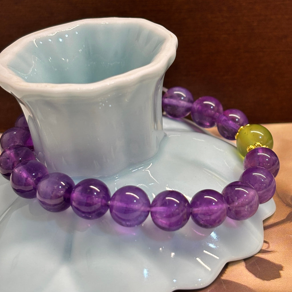 9mm Amethyst & Xiuyu Jade Bracelet – Handmade Natural Crystal Stretch Bracelet