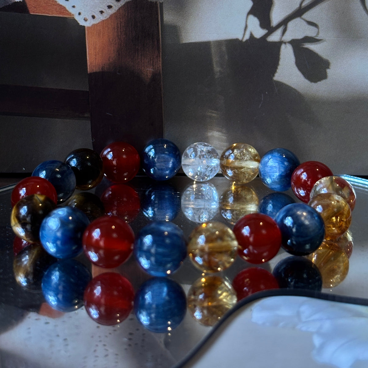 Natural Blue Kyanite, Red Agate, Yellow Tower Quartz & Tiger Eye Bracelet – 10mm Gemstone Jewelry