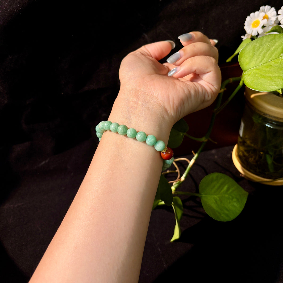 8mm Natural Old-Mine Amazonite Beaded Bracelet, Accented with a Single Red Agate