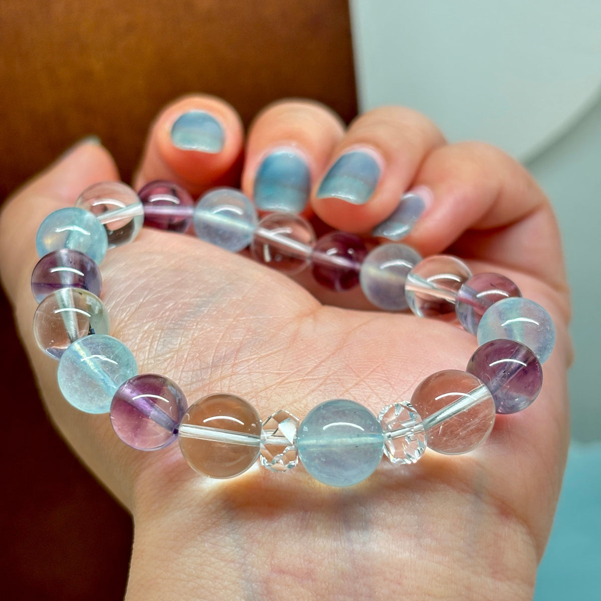 9-10mm Natural Aquamarine, Brazilian Amethyst & Clear Quartz Bracelet