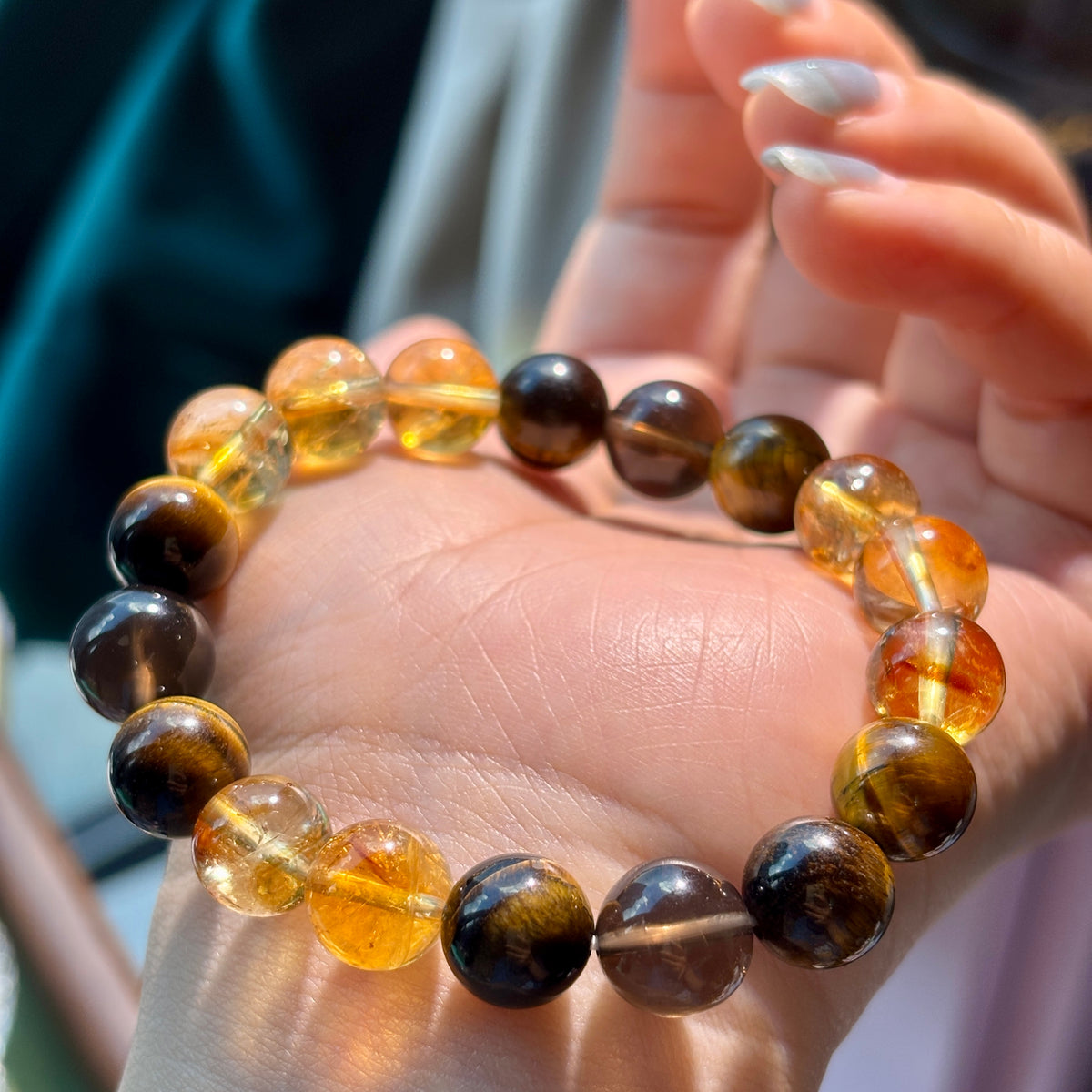 10mm Golden Citrine, Yellow Tiger’s Eye & Smoky Quartz Bracelet