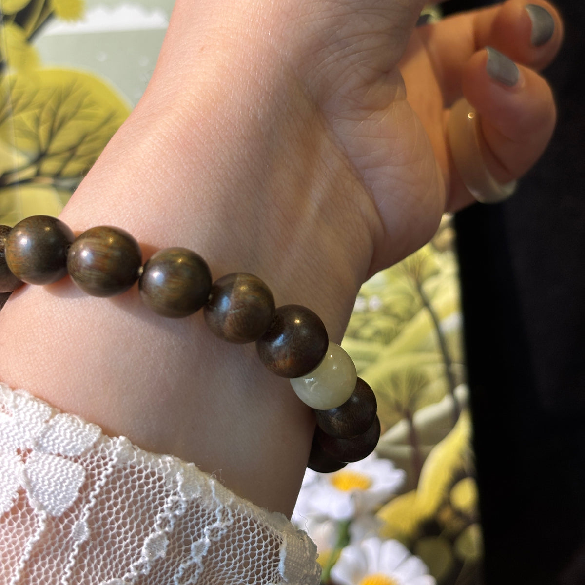 Green Sandalwood Bracelet with Natural Hetian Jade | 10mm Wood Beads