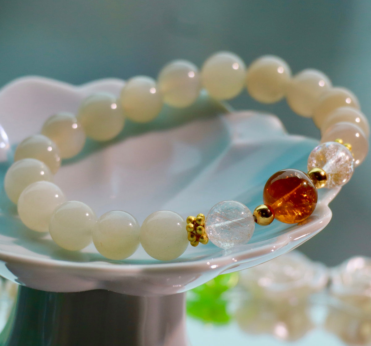 Natural Silver Moon Stone & Citrine Bracelet | 9mm Crystal Beads