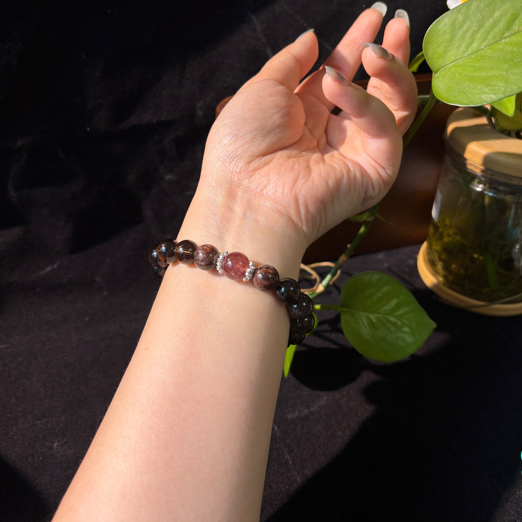 Smoky Quartz Bracelet with Black Super Seven & Red Strawberry Quartz, 10mm