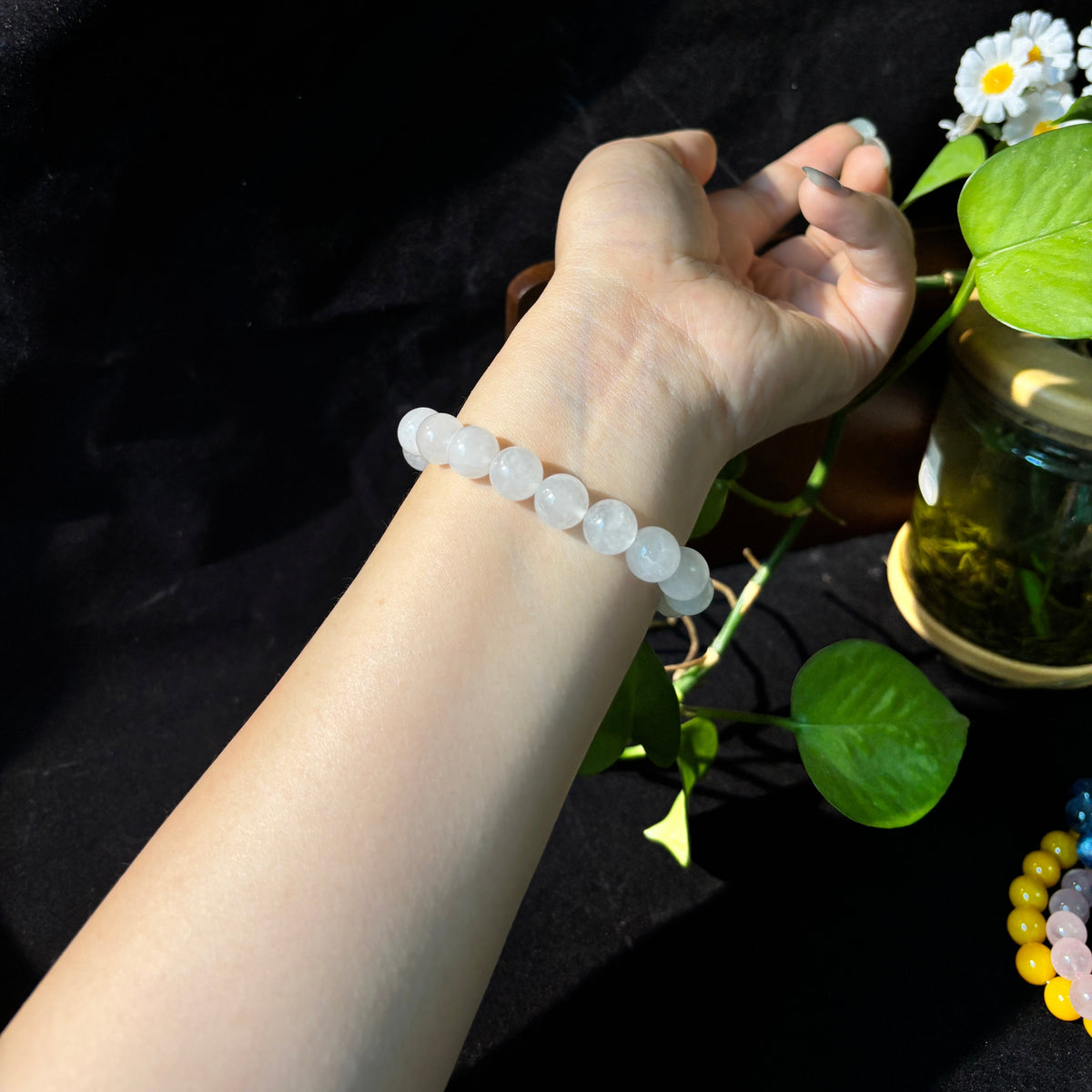 10mm Natural White Jade Bracelet,Stretch Beaded Bracelet