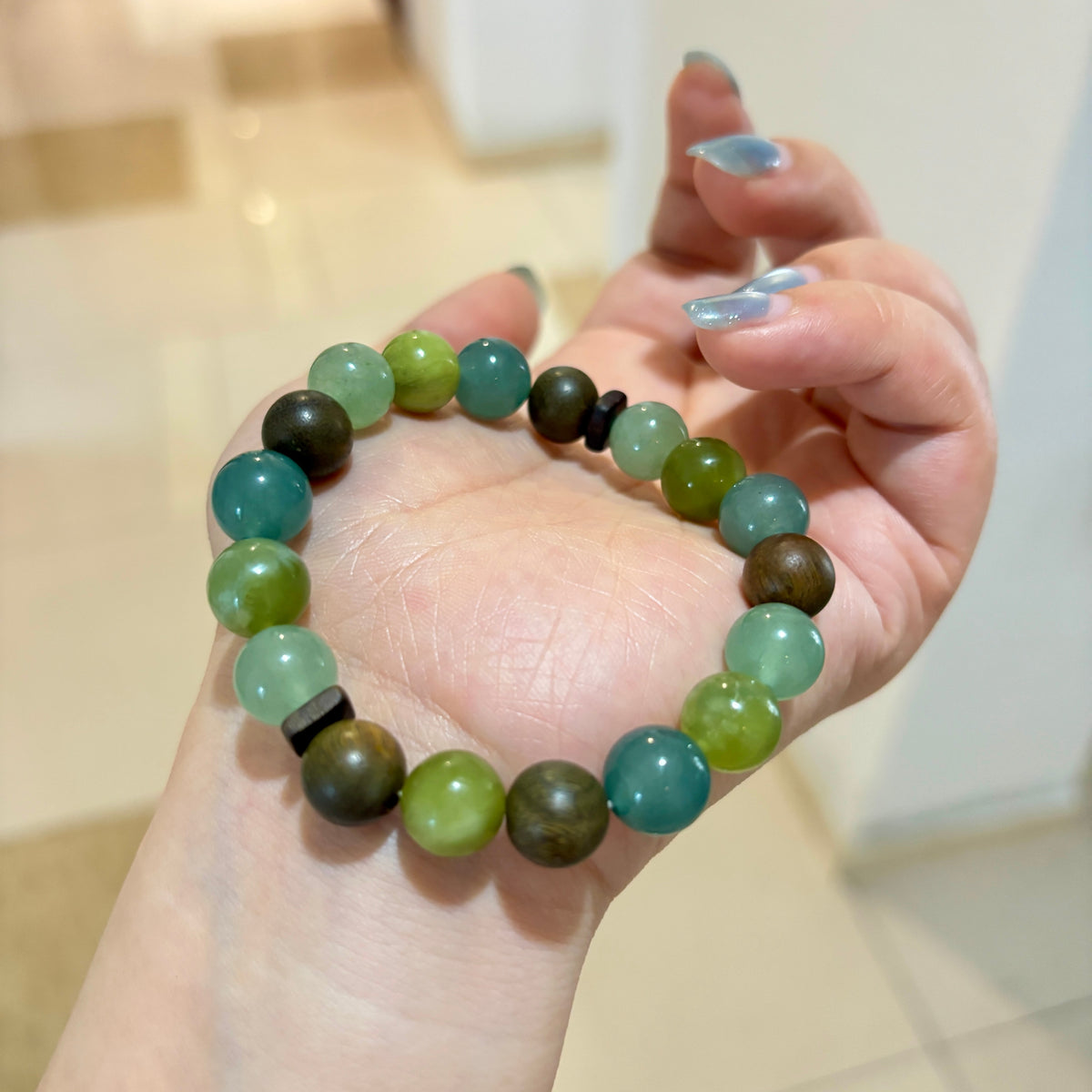 Green Aventurine & Xiuyan Jade Bracelet with Blue Agate and Green Sandalwood