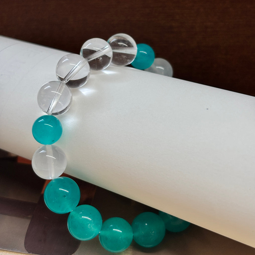 9–10mm Amazonite & Clear Quartz Bracelet – Handmade Natural Gemstone Stretch Bracelet