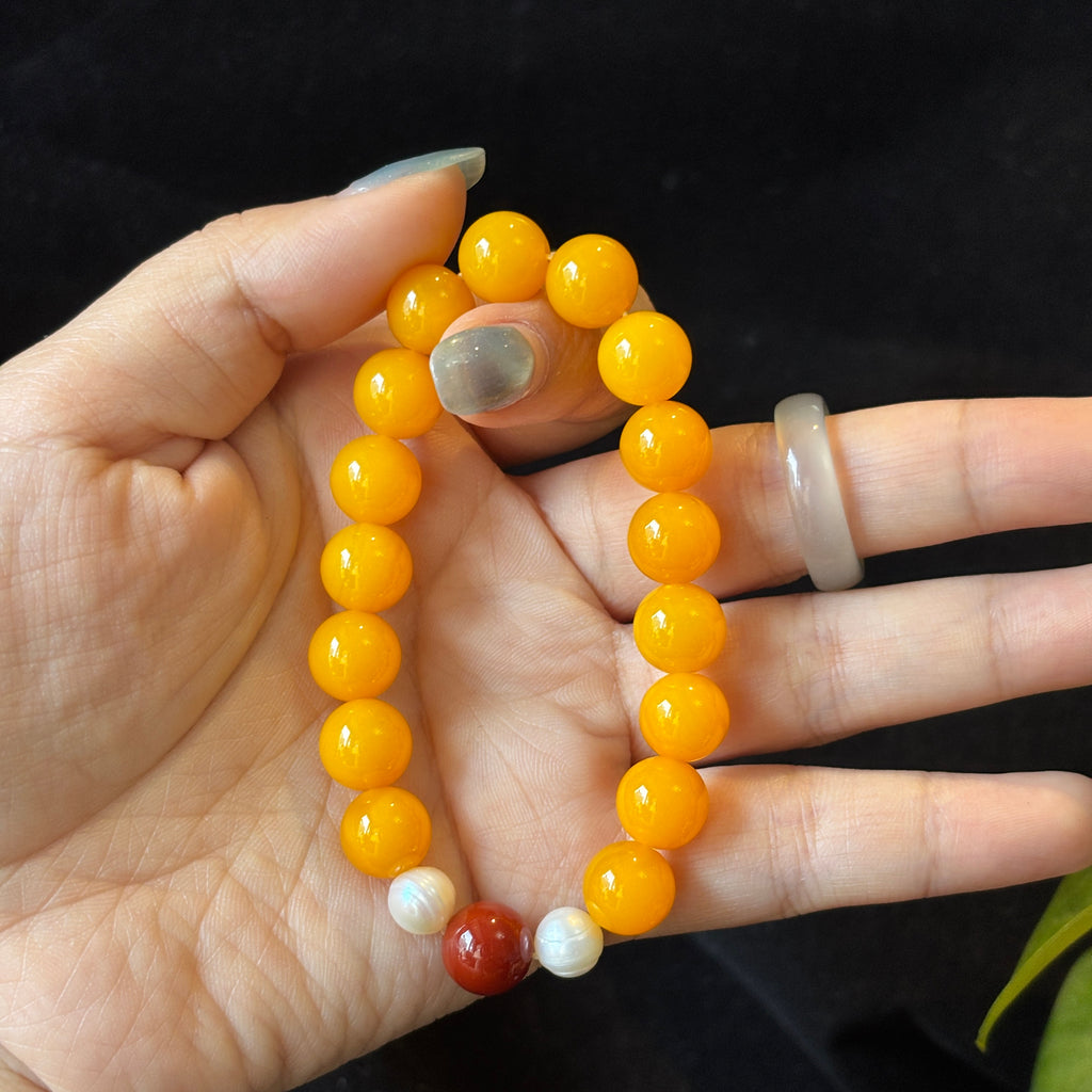 Natural Yellow Agate & Pearl Bracelet with Nanhong Agate | 10mm Gemstone Beaded Bracelet