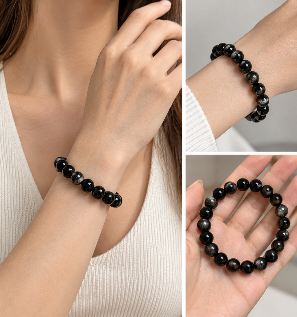10mm Natural Silver Sheen Obsidian Bracelet –  Black Gemstone Beads