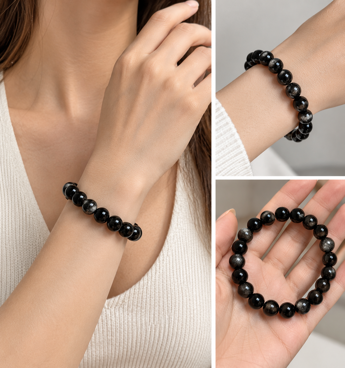 10mm Natural Silver Sheen Obsidian Bracelet –  Black Gemstone Beads