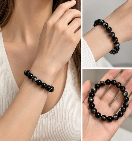 10mm Natural Silver Sheen Obsidian Bracelet –  Black Gemstone Beads