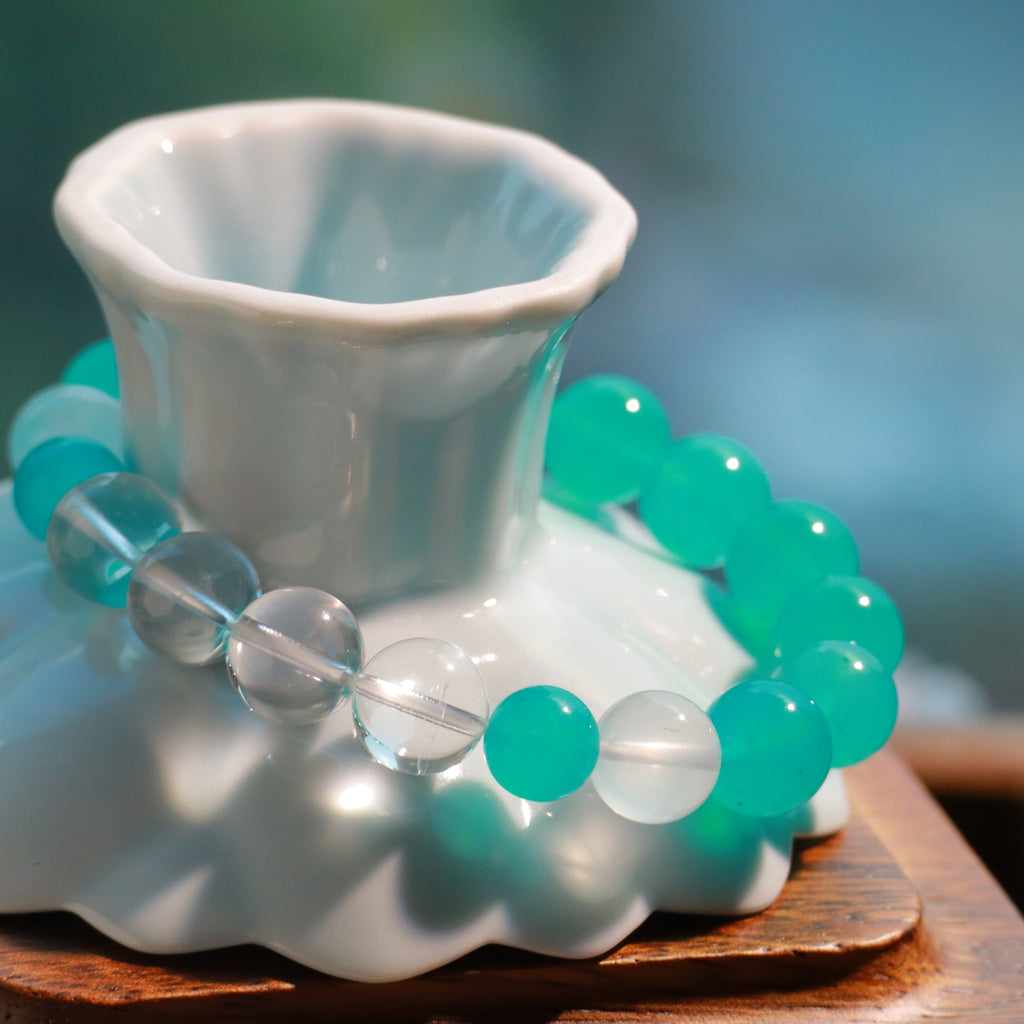 9–10mm Amazonite & Clear Quartz Bracelet – Handmade Natural Gemstone Stretch Bracelet