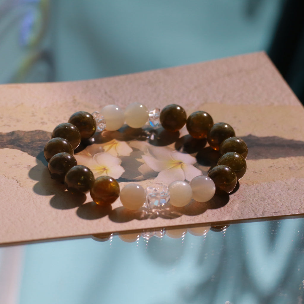 Tsavorite Garnet & Silver Moonstone Bracelet | Natural Green Gemstone Beads