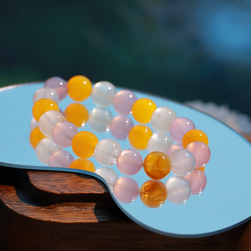 10mm Natural Yellow Agate, Green Fluorite & Purple Chalcedony Bracelet