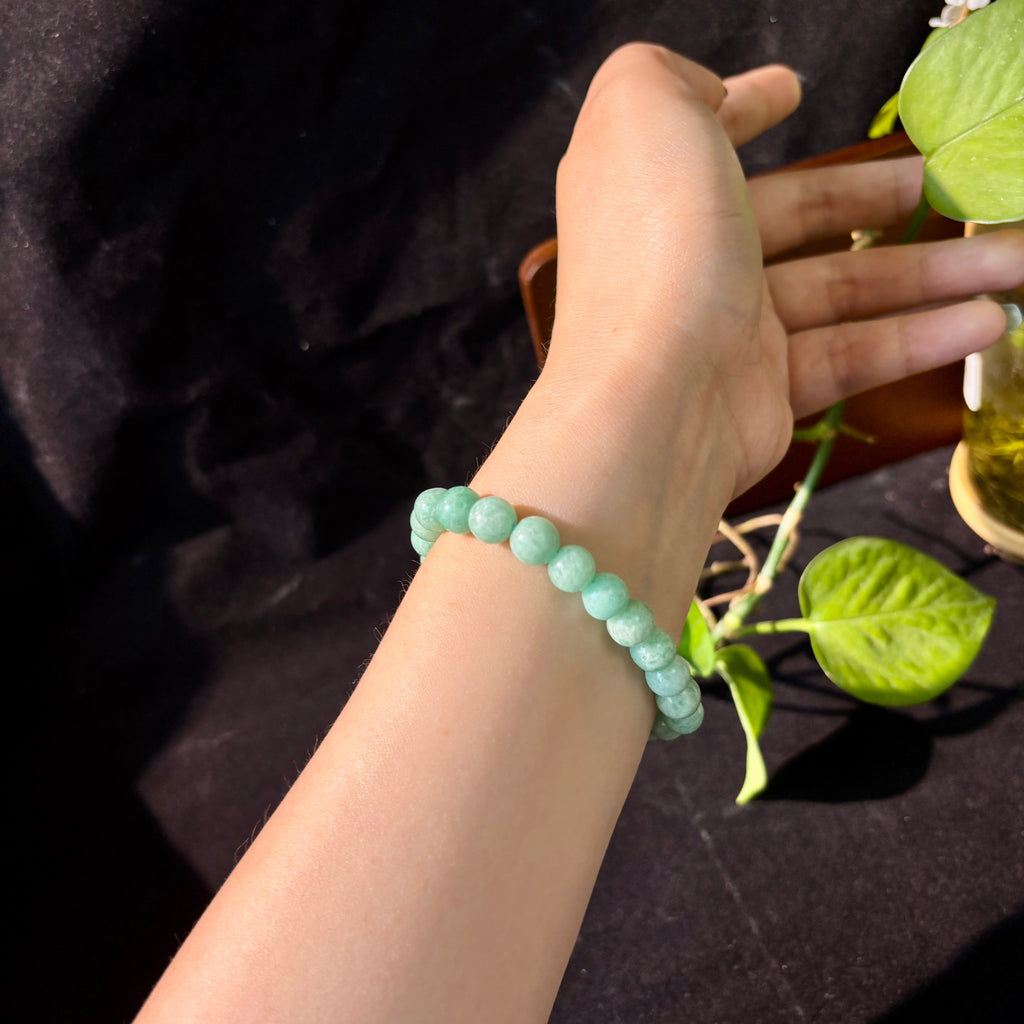 8mm Natural Old-Mine Amazonite Beaded Bracelet, Accented with a Single Red Agate