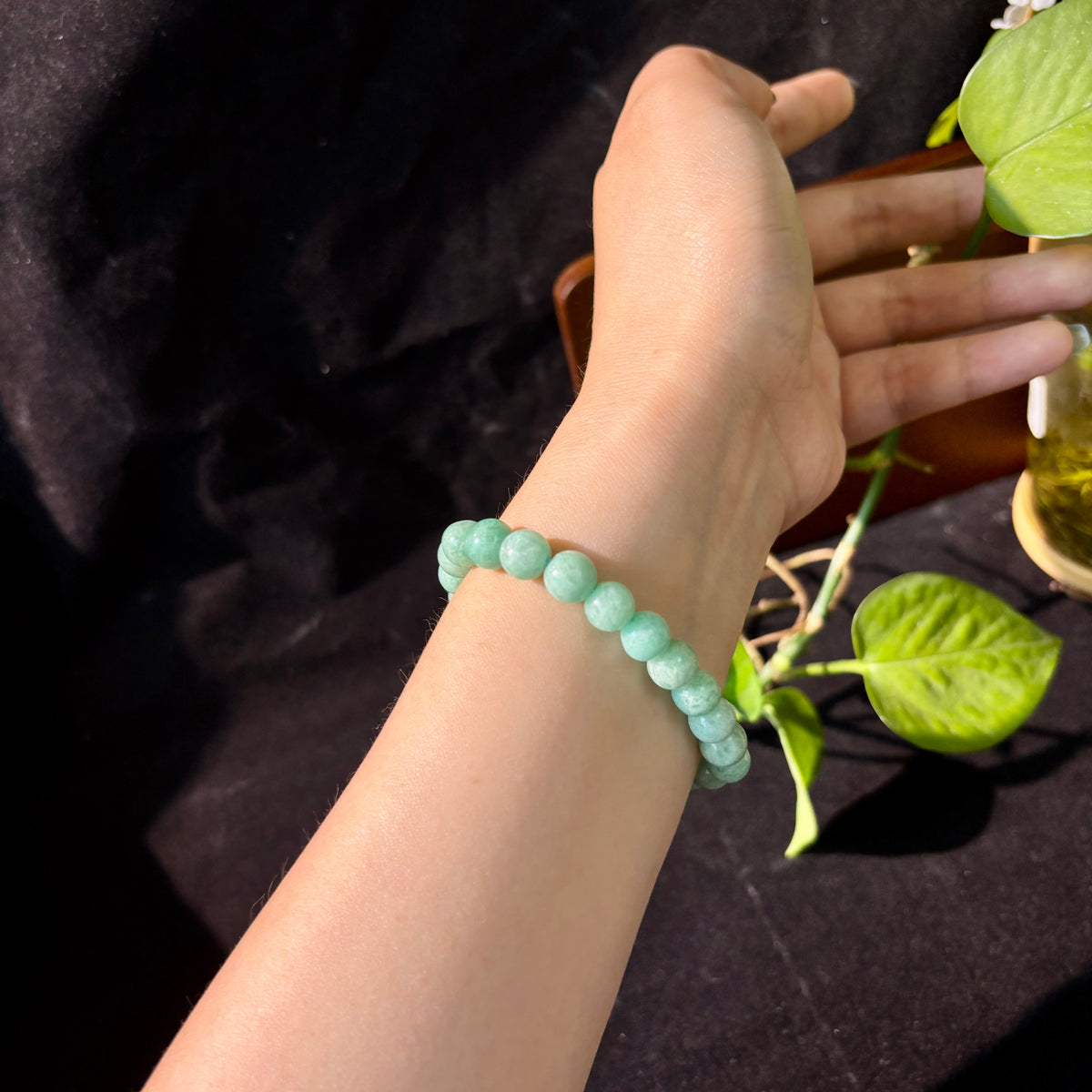 8mm Natural Old-Mine Amazonite Beaded Bracelet, Accented with a Single Red Agate
