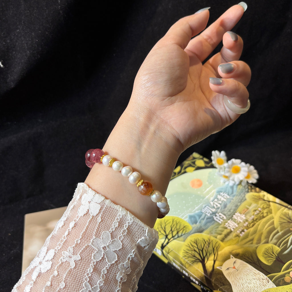 10mm Strawberry Quartz & Pearl Bracelet with Golden Rutilated Quartz