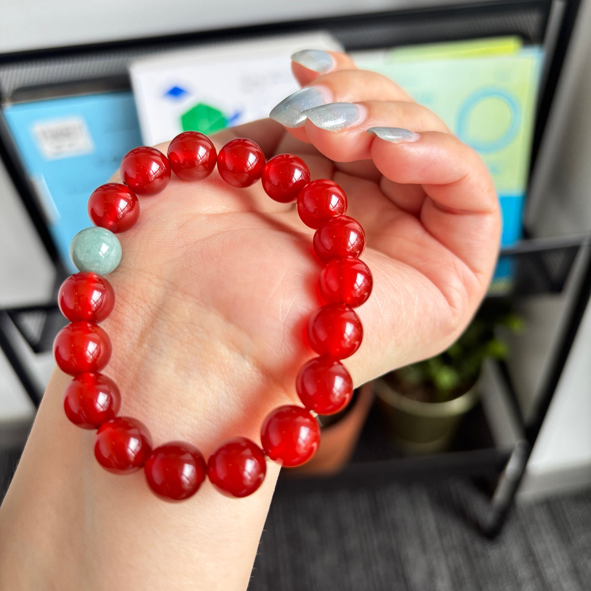 10mm Red Agate & Green Jade Bracelet – Handmade Natural Gemstone Stretch Bracelet