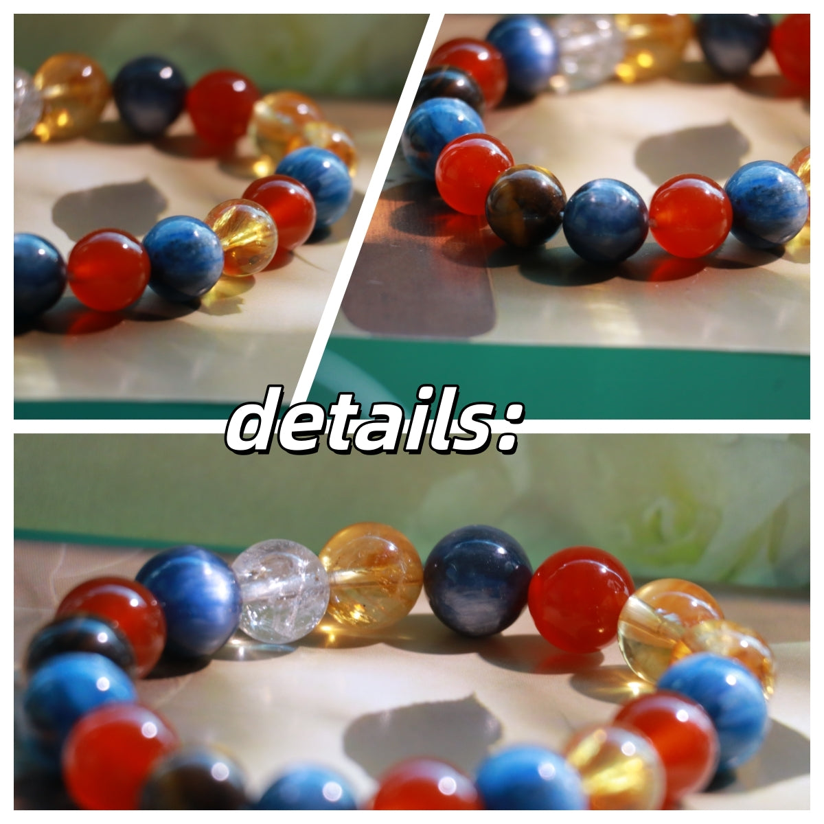 Natural Blue Kyanite, Red Agate, Yellow Tower Quartz & Tiger Eye Bracelet – 10mm Gemstone Jewelry