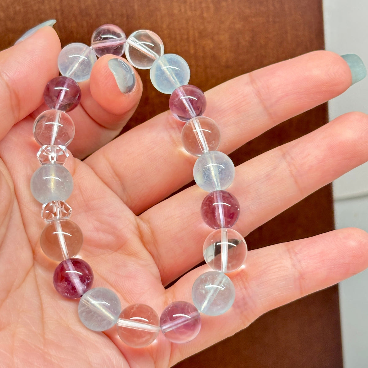 9-10mm Natural Aquamarine, Brazilian Amethyst & Clear Quartz Bracelet
