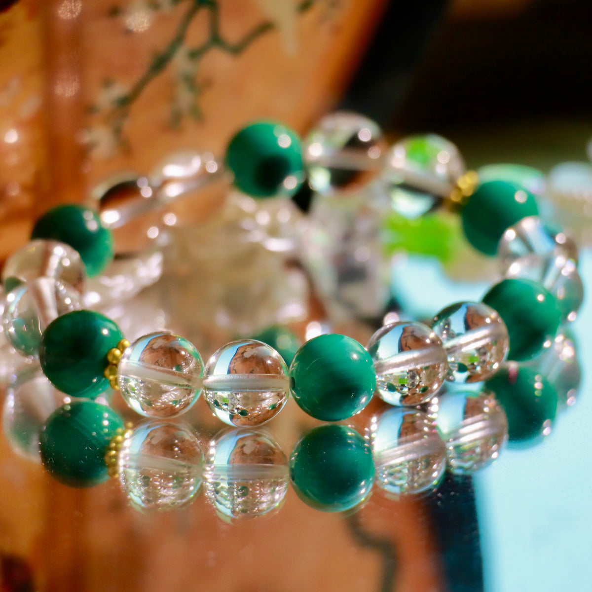 Natural Malachite & Clear Quartz Bracelet | 10mm Gemstone Beads