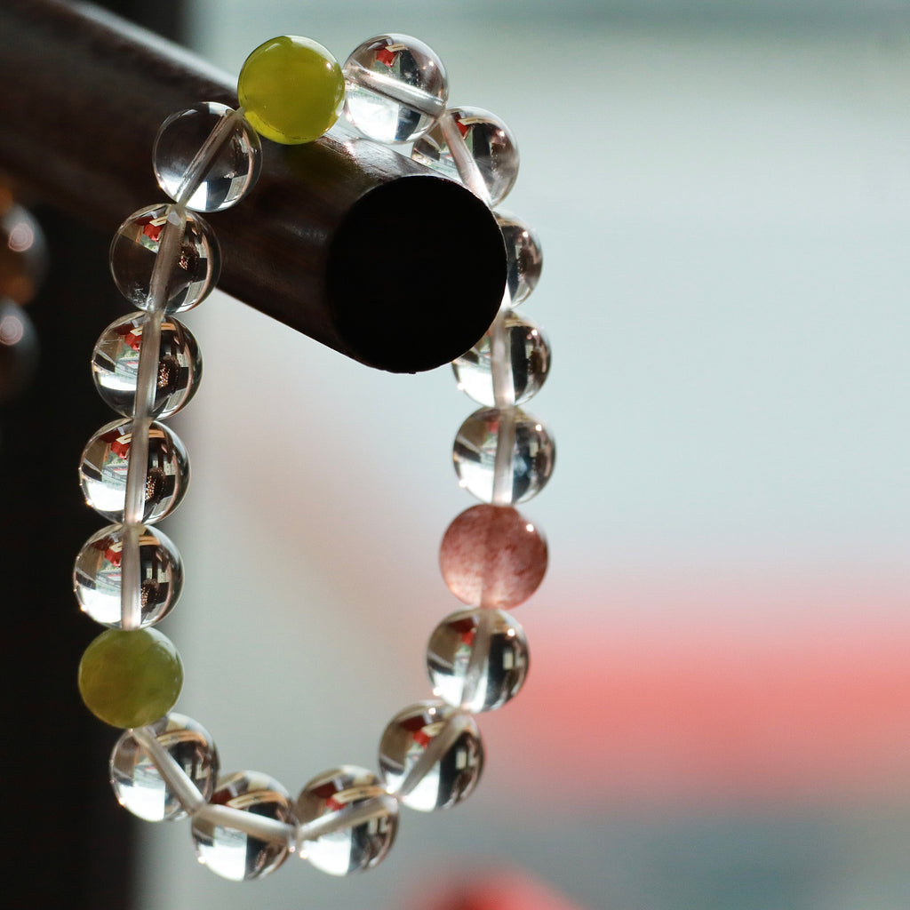 Natural Clear Quartz Bracelet with Xiuyan Jade & Strawberry Quartz | 10mm Gemstone Beads