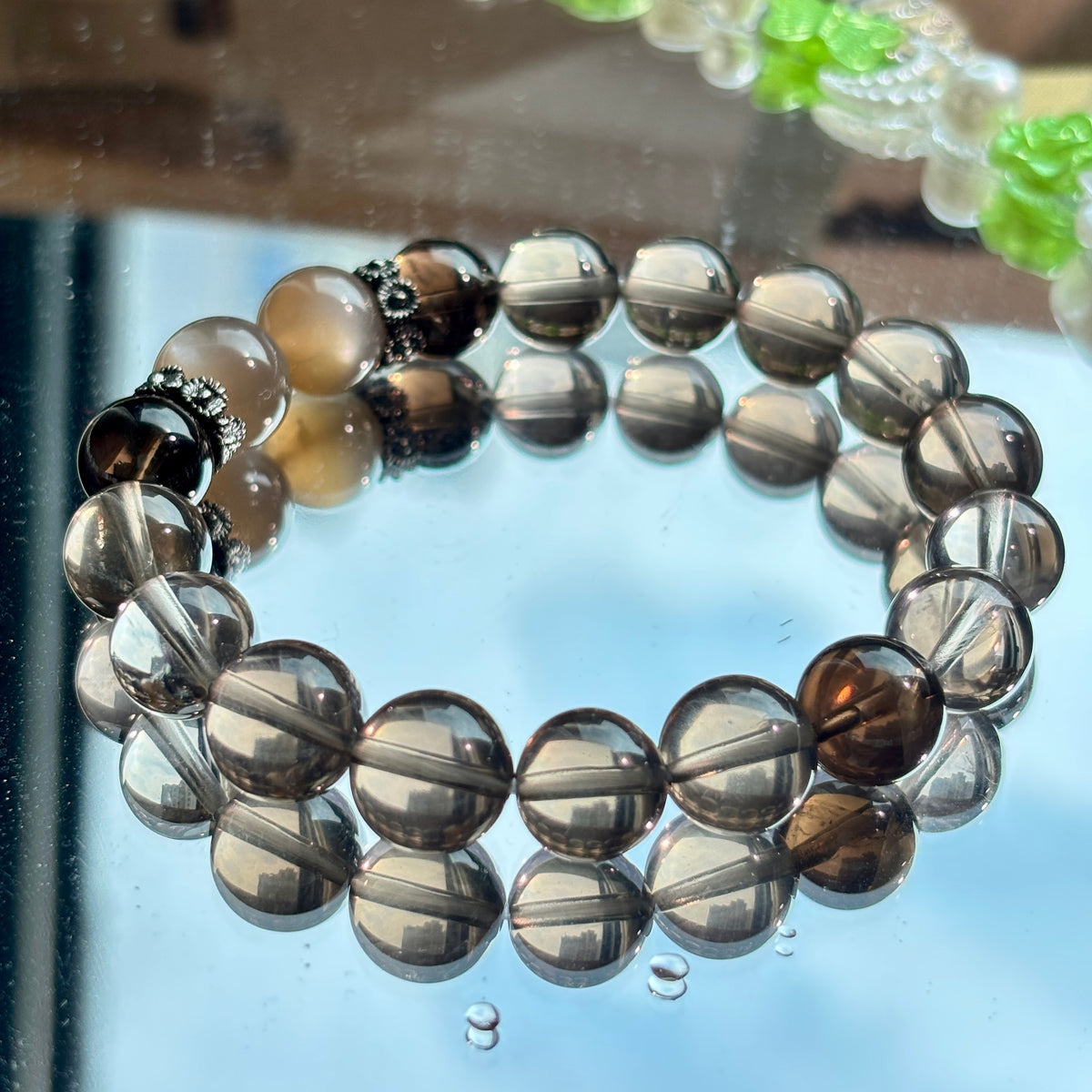 White & Black Smoky Quartz Bracelet with Cream Moonstone | 10mm Natural Gemstone Beads