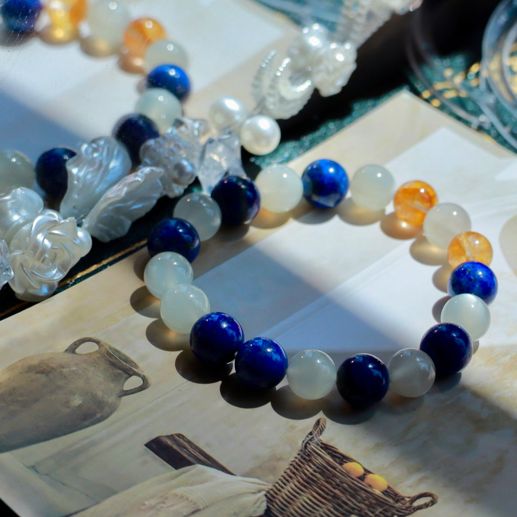 9-10mm Natural Lapis Lazuli, White Moonstone & Yellow Hematoid Quartz Bracelet