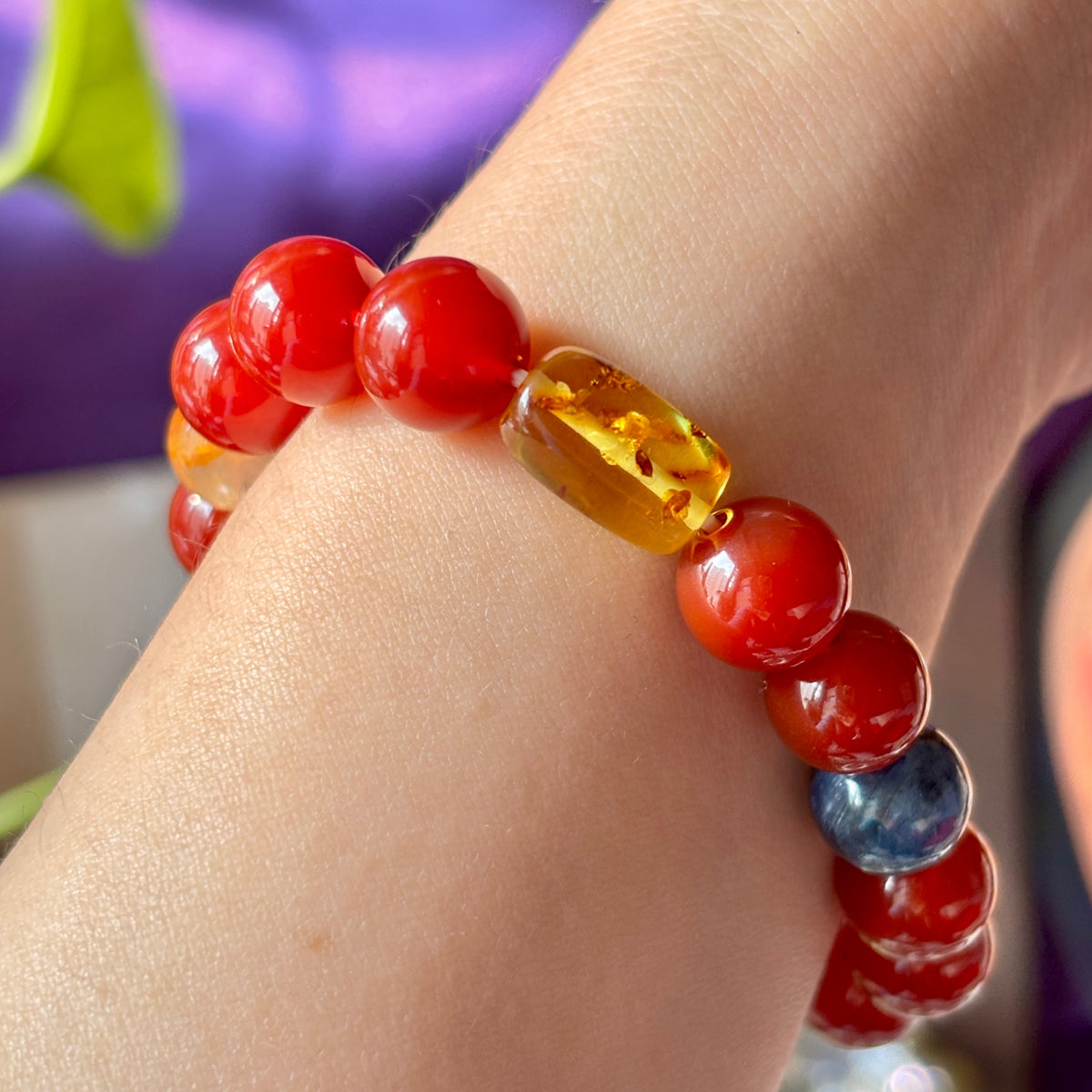 Red Agate Bracelet with Blue Kyanite, Yellow Flower Agate & Amber
