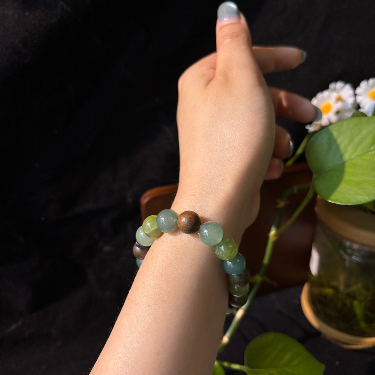 Green Aventurine & Xiuyan Jade Bracelet with Blue Agate and Green Sandalwood