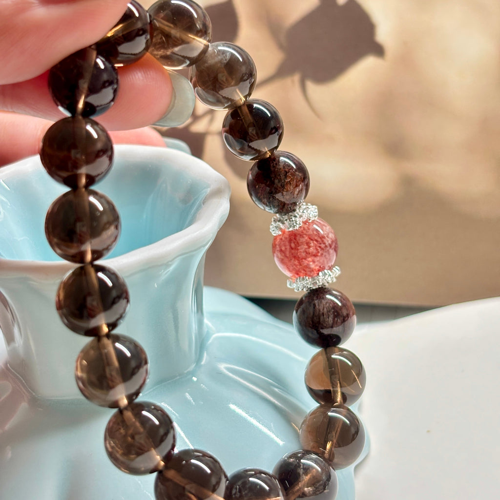 Smoky Quartz Bracelet with Black Super Seven & Red Strawberry Quartz, 10mm