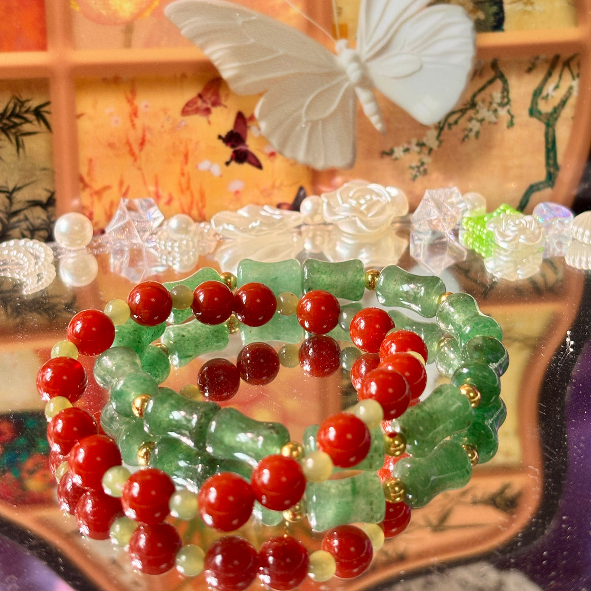 Natural Gemstone Stacking Bracelet Set | 8mm Nanhong Agate, Hetian Jade & Aventurine