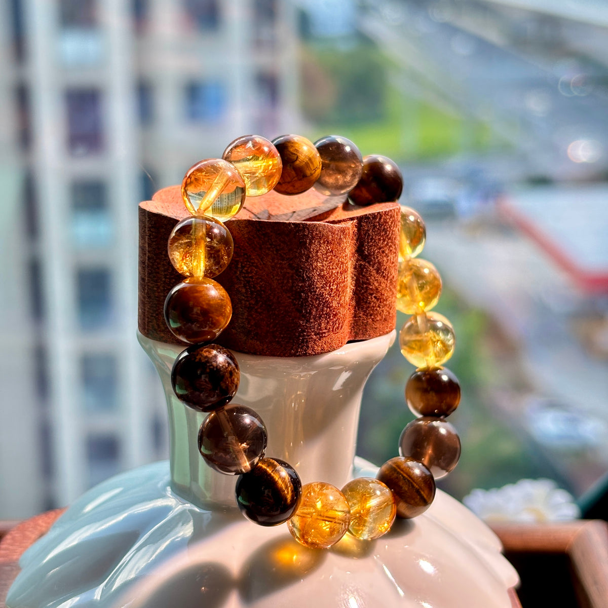 10mm Golden Citrine, Yellow Tiger’s Eye & Smoky Quartz Bracelet