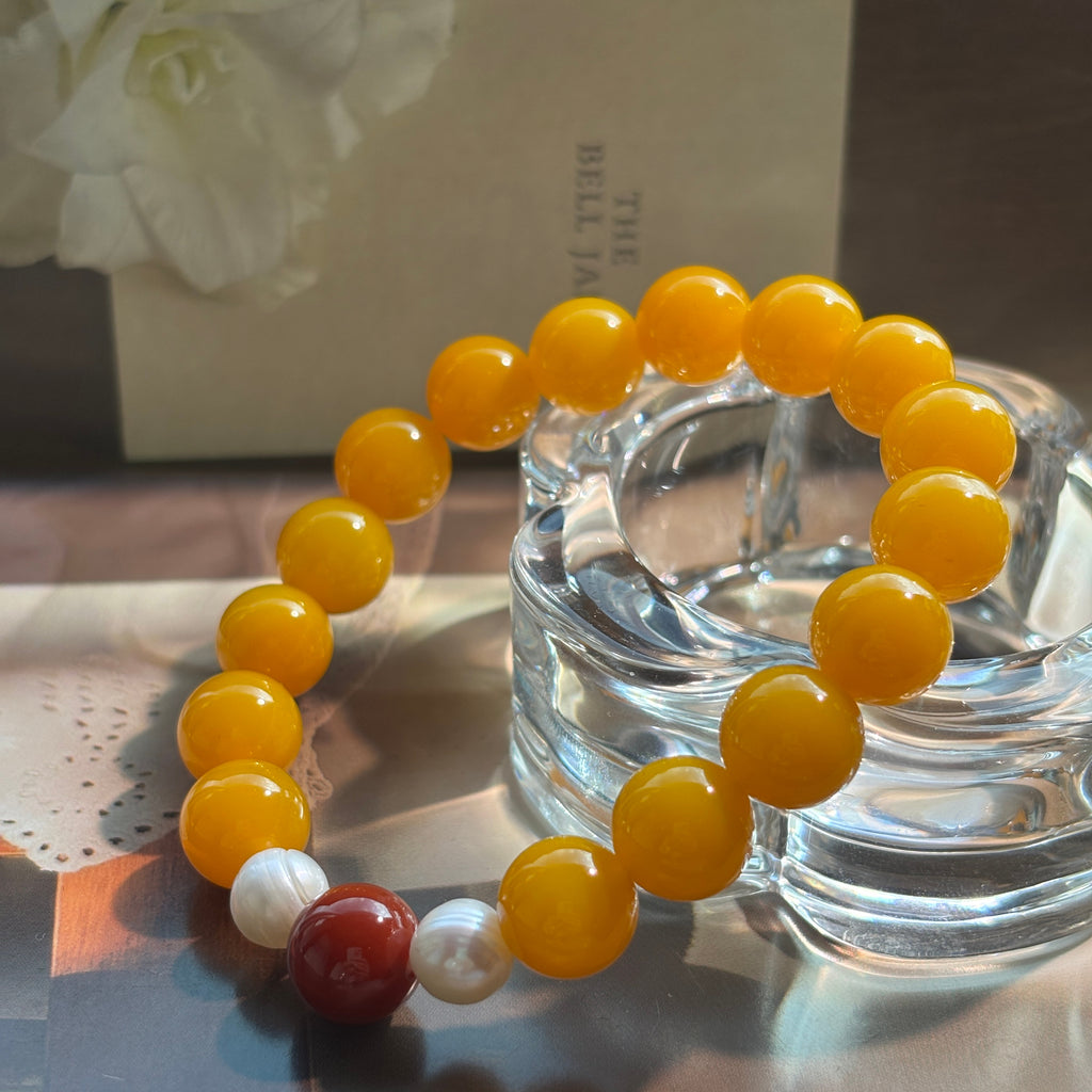 Natural Yellow Agate & Pearl Bracelet with Nanhong Agate | 10mm Gemstone Beaded Bracelet