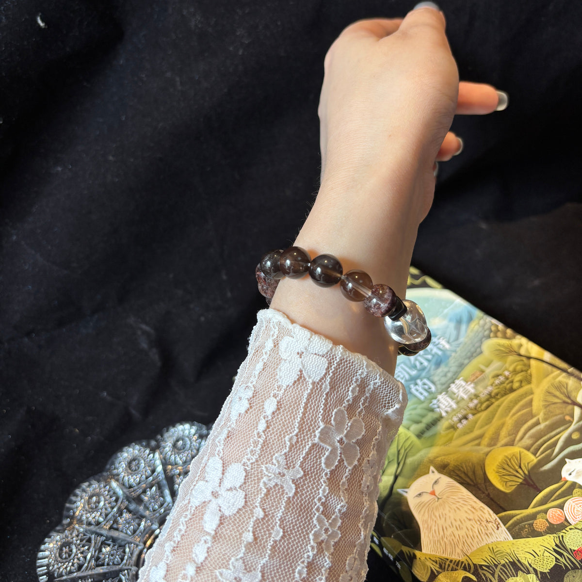 Black Gold Super Seven & Smoky Quartz Bracelet with Red Phantom Quartz and Clear Quartz