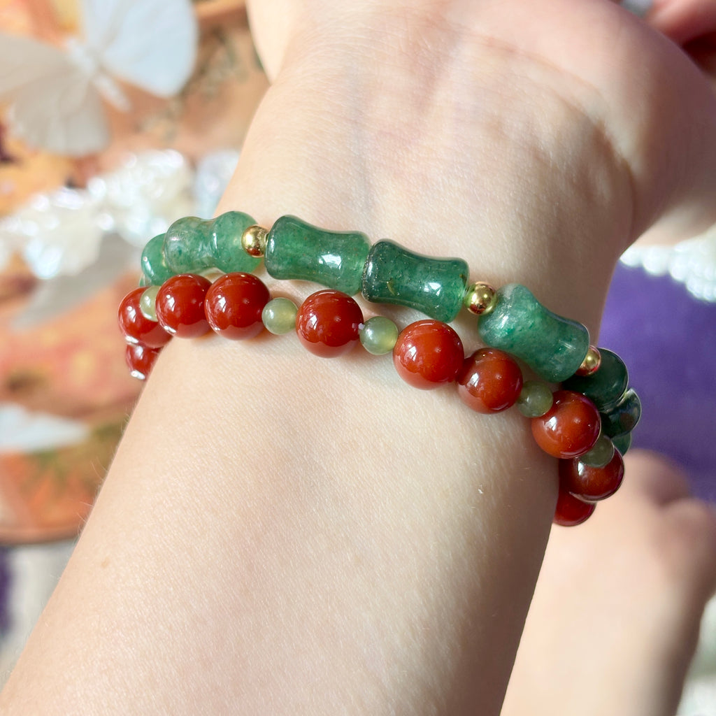 Natural Gemstone Stacking Bracelet Set | 8mm Nanhong Agate, Hetian Jade & Aventurine