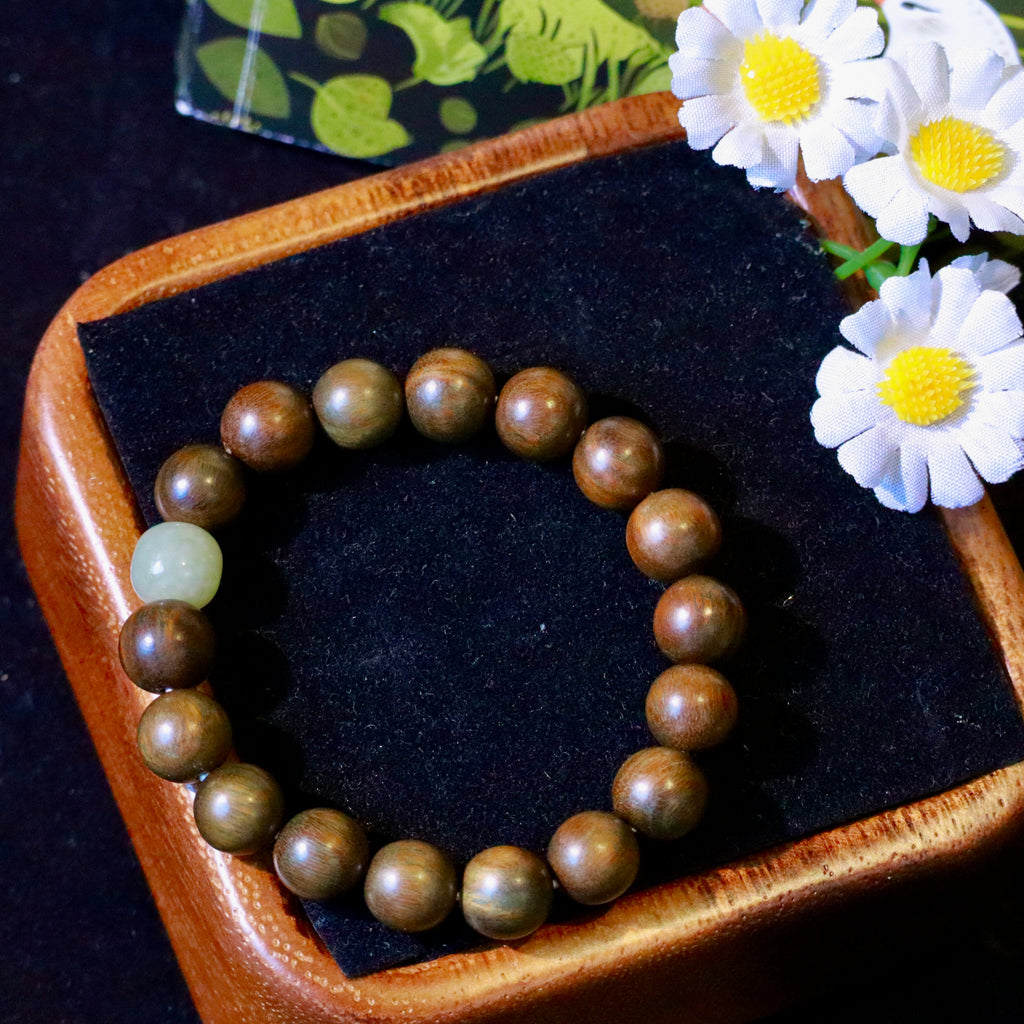 Green Sandalwood Bracelet with Natural Hetian Jade | 10mm Wood Beads