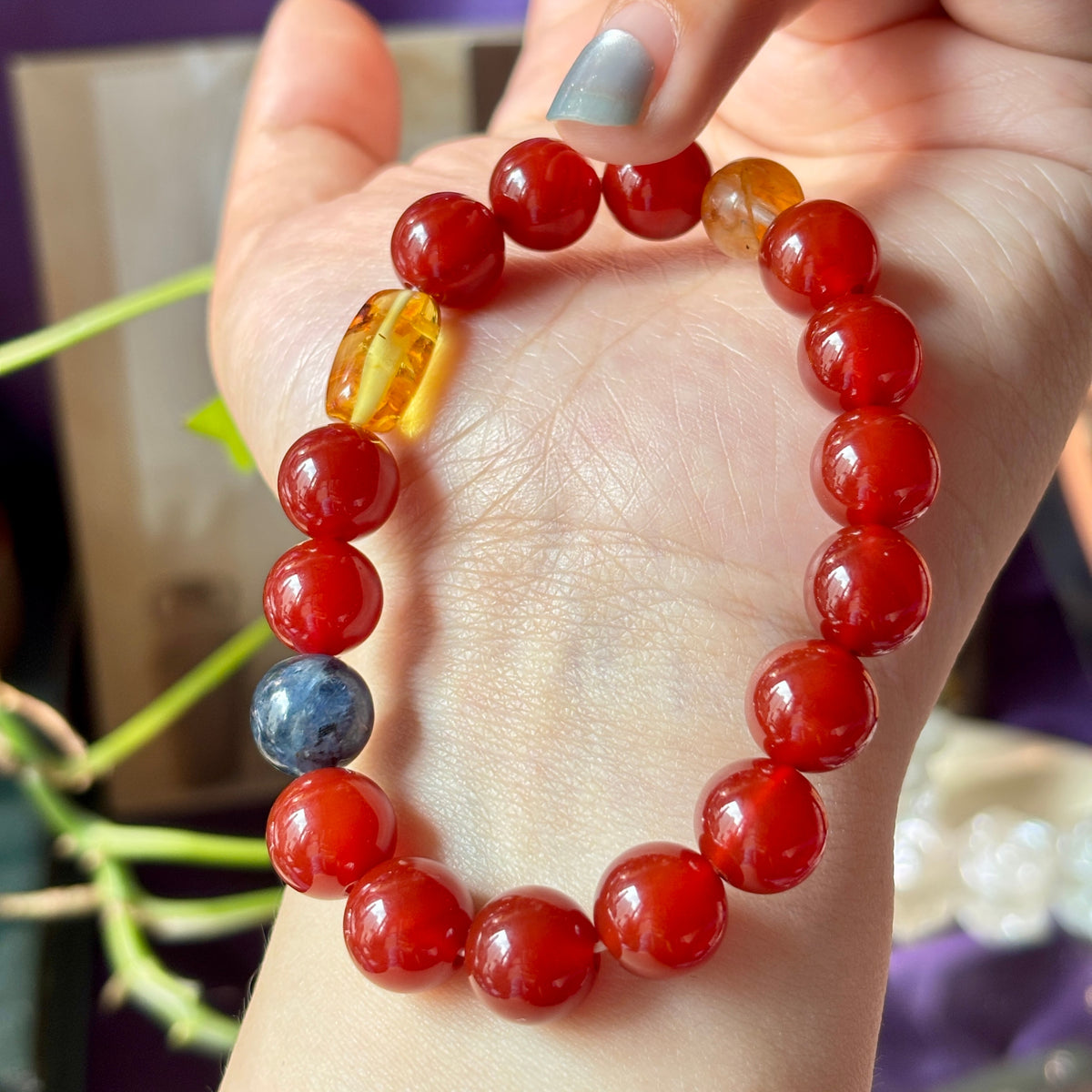 Red Agate Bracelet with Blue Kyanite, Yellow Flower Agate & Amber