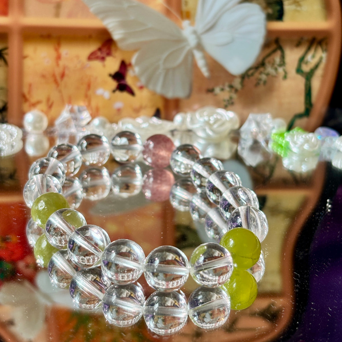 Natural Clear Quartz Bracelet with Xiuyan Jade & Strawberry Quartz | 10mm Gemstone Beads