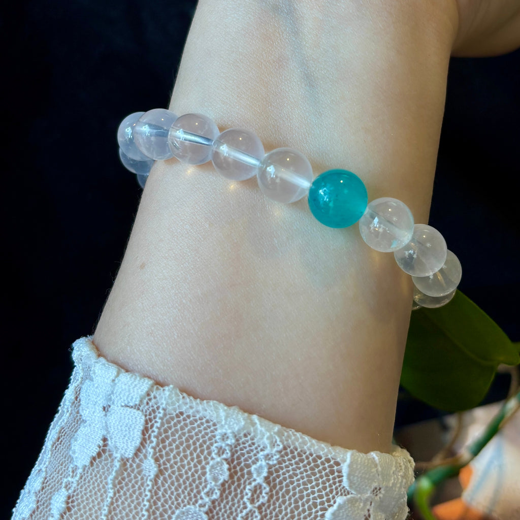 Natural Milky White Crystal & Amazonite Bracelet – 10mm Gemstone Beaded Bracelet