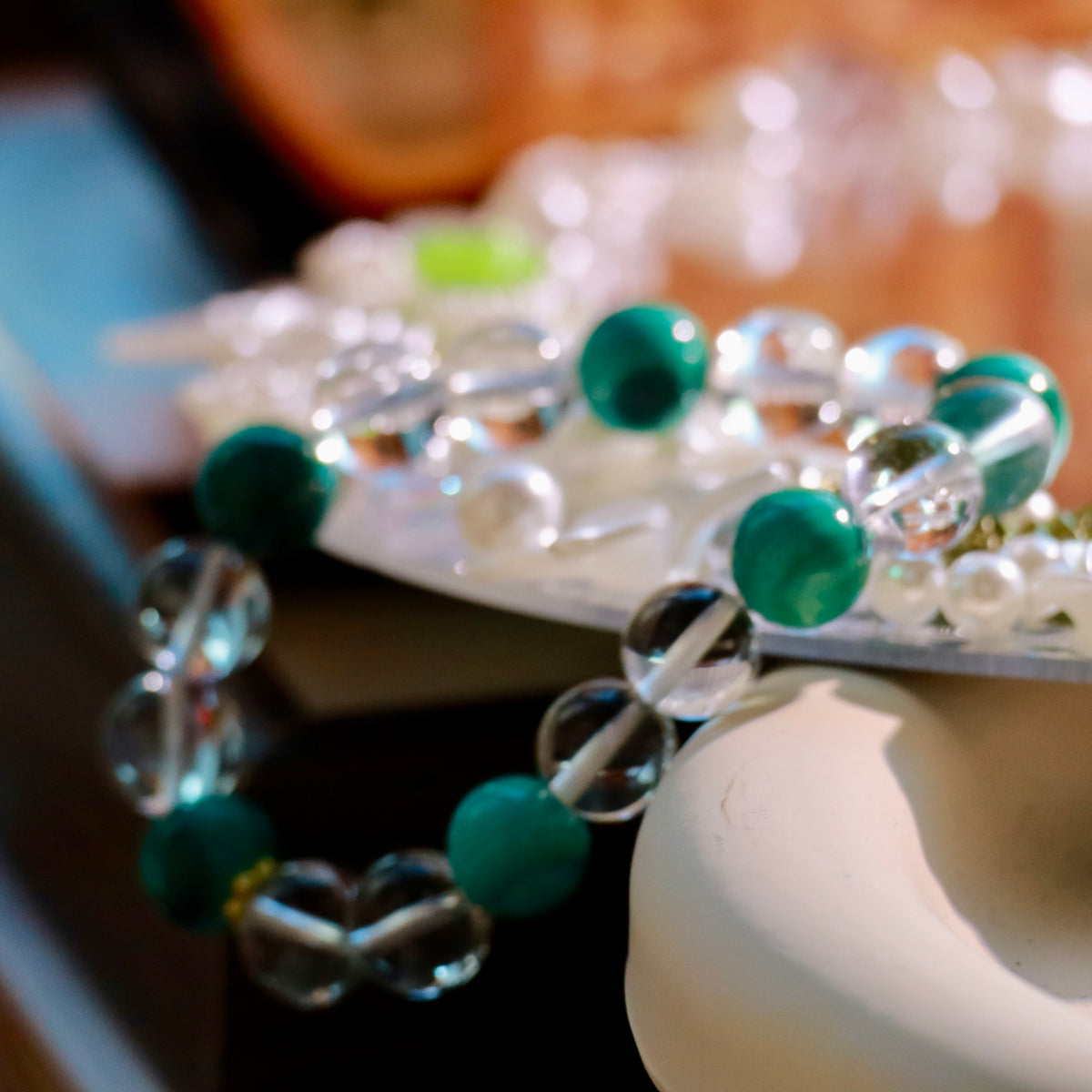 Natural Malachite & Clear Quartz Bracelet | 10mm Gemstone Beads